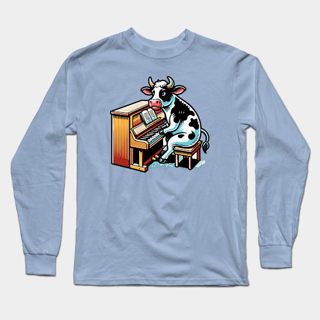 Cow Playing the Piano Long Sleeve T-Shirt by Mey Designs